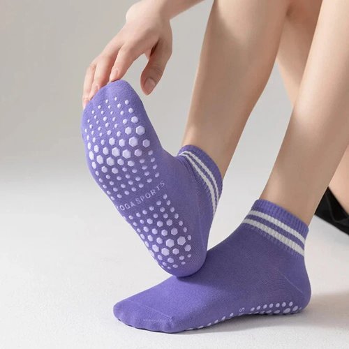 Women's Non-Slip Grip Socks for Pilates, Yoga, Ballet & Workout - Double Stripes Athletic Socks