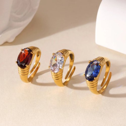 Elegante open ring met ovale zirkonia, gepolijste gouden metalen ring, verfijnde sieraden voor dames, dagelijks en op reis
