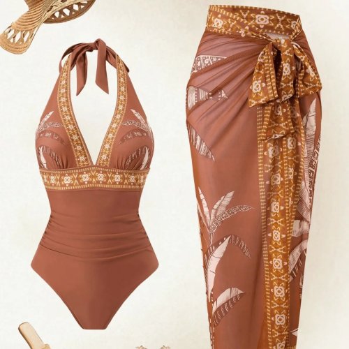 Traje de baño tankini para mujer con control de abdomen, cuello halter, estampado de hojas tropicales, fruncido, cintura alta, envolvente, modesto