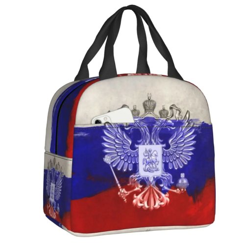 Custom Russian Flag Insulated Lunch Bag – Camping Travel Thermal Cooler Lunch Box with Russian Eagle Coat of Arms for Women & Kids
