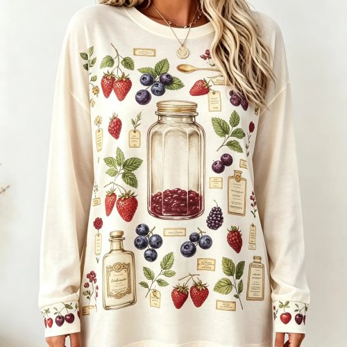Women's Long Sleeve T-Shirt Vintage Strawberry Berry Glass Jar Botanical Fruit Print Crew Neck Casual Top