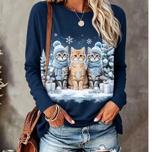 T-shirt à Manches Longues Femme Noël Trois Chats avec Chapeau Écharpe Cadeau Flocons de Neige Imprimé Col Rond Casual