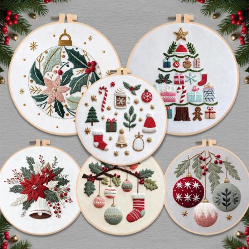 DIY-borduurpakket kerstboom bloemenkrans wintersneeuw stof borduurring garen naalden Engelse instructies handgemaakt cadeau