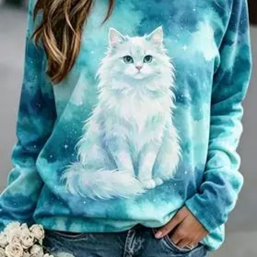 Sudadera de Mujer Blanca Estampado de Gato Degradado Acuarela Verde Azulado Manga Larga Cuello Redondo