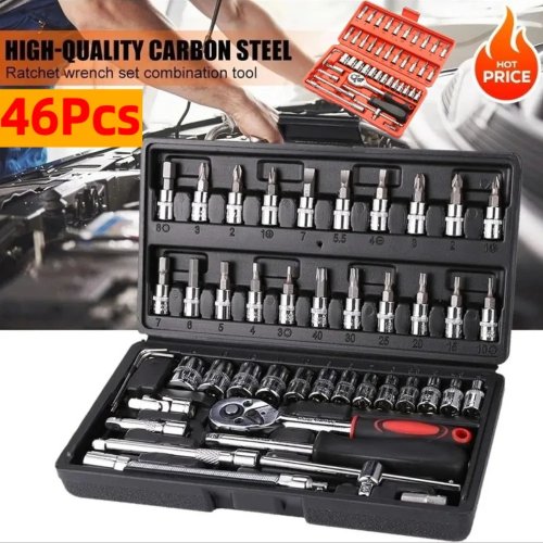 46-Piece 1/4" Drive Socket Wrench Set, Ratchet Screwdriver & Bit Kit, Carbon Steel Auto Repair Hand Tool Set with Case