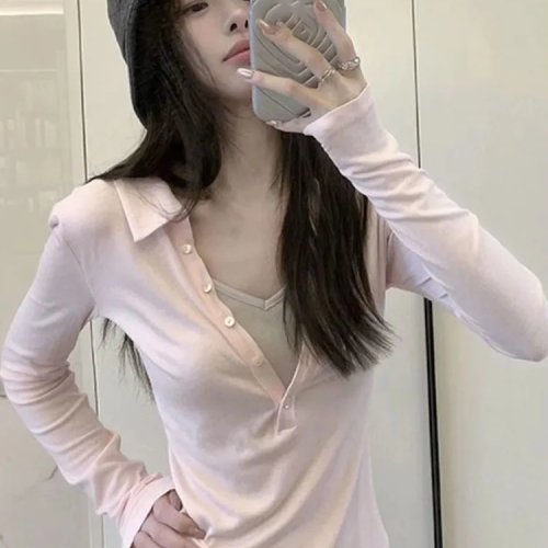 تي شيرت نسائي بأكمام طويلة ستايل كوري فينتج وردي، بتصميم قطعتين وهمي، بياقة مقلوبة، رقبة V، قصة ضيقة، بلوزة خريفية