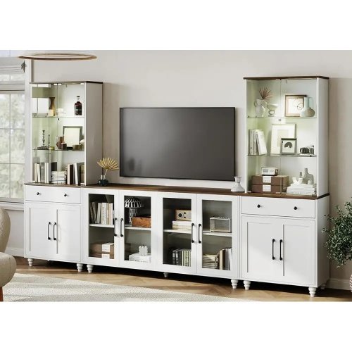 Kệ TV 3 phần cho TV lên đến 75", kệ tường với đèn spotlight, tủ kính trưng bày & ngăn kéo, rộng rãi tối giản