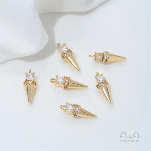14K Gold Plated Ice Cream Cone Pendant with Zircon, Handmade Charm for Jewelry Making