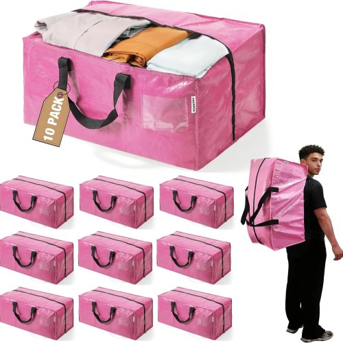 10 Bolsas de Mudanza Extragrandes con Correas de Mochila y Asas | Bolsas de Almacenamiento y Mudanza Resistentes, Rosa, Doble Cremallera para Mudanzas, Dormitorios, Clósets, Viajes y Ahorro de Espacio