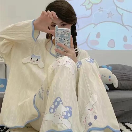 여성 파자마 세트 봄가을 긴팔 카디건 바지 루즈 귀여운 얇은 홈웨어 2피스