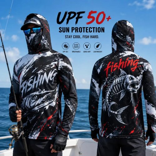 Men's Quick-Dry Breathable Fishing Hoodie with Gradient Bass Print, UV Protection, Long Sleeve - Outdoor Sports Fishing Apparel