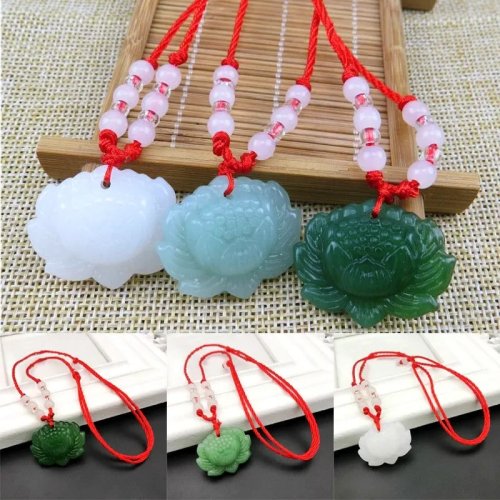 Real Jade Lotus Pendant Necklace – Natural Carved Amulet Charm, Vintage Designer Lucky Jewelry Gift for Women