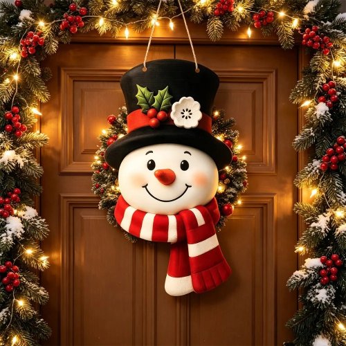 Farmhouse Christmas Winter Snowman Wreath, Welcome Ornament for Front Door Wall Window Indoor Outdoor Decor