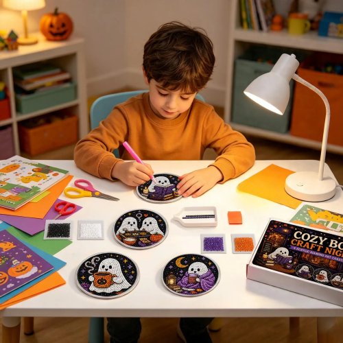 Kit Lukis Mutiara Coaster Halloween - DIY Hantu & Penyihir Akrilik Anti-Slip untuk Dewasa Pemula & Pesta