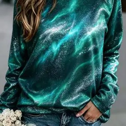 เสื้อสเวตเตอร์ผู้หญิง ลายกาแล็กซี่ ไล่สีชมพูม่วง เต็มไปด้วยดวงดาว แขนยาว คอกลม
