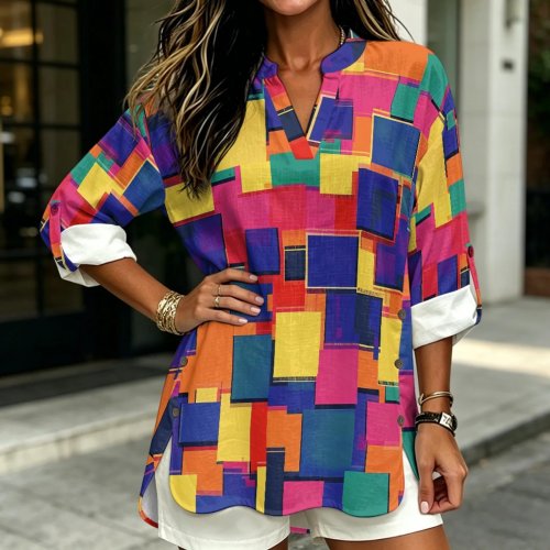 PENSTROLL Women's Color Block V-Neck Long Sleeve Tunic Top with Side Slit, Linen-Like Blouse