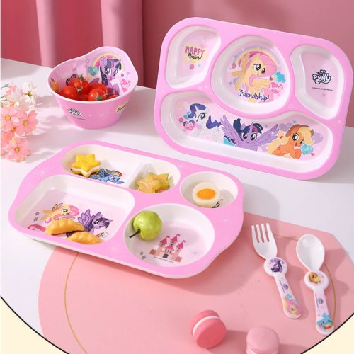 Bộ Đồ Dùng Ăn Uống My Little Pony Cho Bé - Đĩa Chia Ngăn, Thìa Nĩa Hoạt Hình Không Vỡ, Quà Tặng Cho Bé