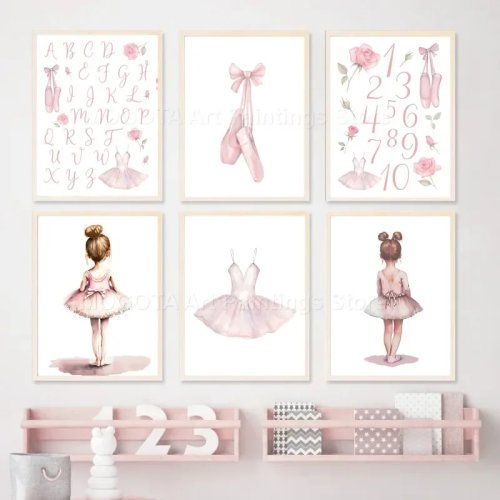 1pc Tela Pintura Póster Arte de Parede Bailarina Alfabeto Números Sapatos Vestido Coroa Borboleta Decoração Quarto Menina