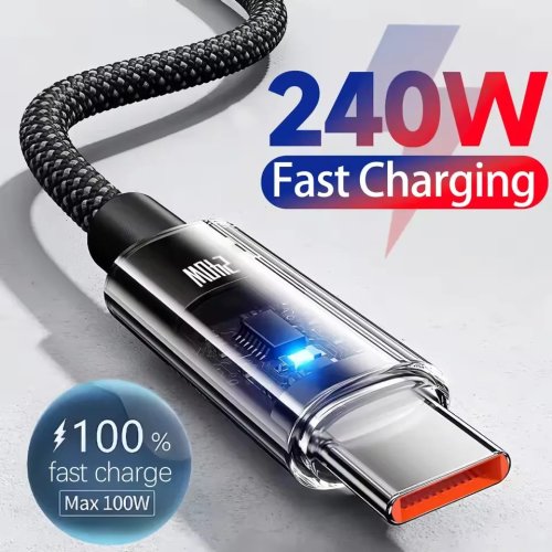 Cable USB-C de nailon de 240 W, cable de carga súper rápida con pantalla LED para Samsung Xiaomi Huawei Honor