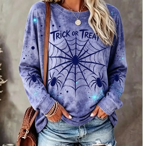 Women's Halloween Long Sleeve T-Shirt - Trick or Treat Spider Web Tie-Dye Print Crew Neck Top