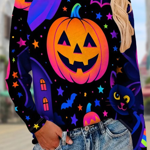 Áo Thun Nữ Cổ Tròn Tay Dài In Halloween Bí Ngô Mèo Đen Dơi Ngôi Sao Áo Thun Casual Xuân Thu Trang Phục Hàng Ngày