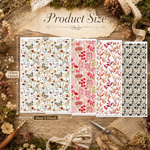 Papel de transferencia acuarela con flores y mariposas vintage para arcilla polimérica, cerámica y joyería