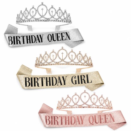 1 Stk. Geburtstags-Set "Birthday Queen" Schärpe & Krone – Glitzer-Partyschärpe für Frauen, ideal als Geschenk
