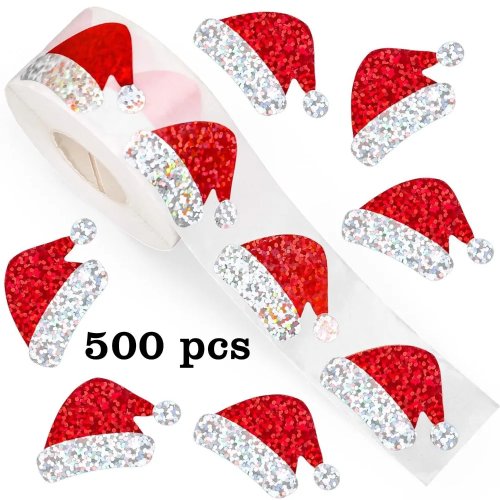 500 miếng dán tự dính hologram hình mũ ông già Noel đỏ, đề can DIY trang trí tiệc năm mới