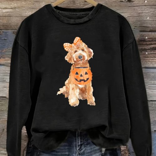 Camiseta Mujer Manga Larga Cuello Redondo Diseño Perrito con Canasta de Calabaza, Ropa de Mujer, Lavable a Máquina, Poco Elástica, Corte Holgado, Primavera Otoño Invierno, Disfraz de Halloween