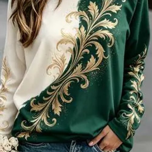Women's Gold Sweatshirt Cream Brown Gradient Baroque Floral Print Long Sleeve Round Neck Top