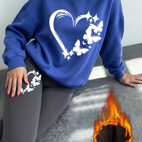 Women's Love & Butterfly Print Sweatshirt Set – Autumn Pullover & Thick Fleece Leggings Casual Sportswear