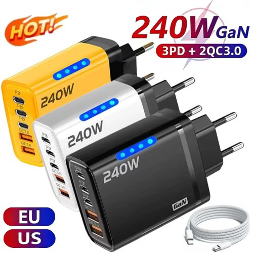 Cargador de sobremesa GaN USB-C 5 en 1 240W Carga rápida Adaptador para móvil Cable Tipo-C trenzado para iPhone Samsung Xiaomi Enchufe EU/US