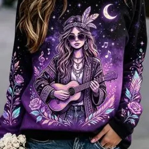Áo Sweatshirt Nữ Cổ Tròn Tay Dài In Xương Rồng Mặt Trăng Hoa Boho Hippie Áo Pullover Thoải Mái Rộng