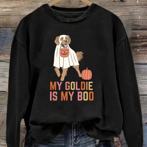 T-shirt de Manga Comprida para Mulher Decote Redondo Design My Goldie Is My Boo, Corte Solto, Lavável na Máquina, Ligeiramente Elástica, para Primavera Outono Inverno, Fantasia de Halloween