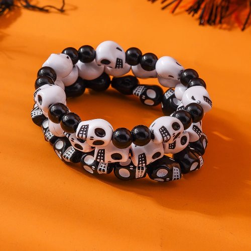 Bộ 3 vòng tay hạt ma quái hình sọ người kiểu Punk Goth cho nam nữ, đàn hồi, handmade, trang sức Halloween