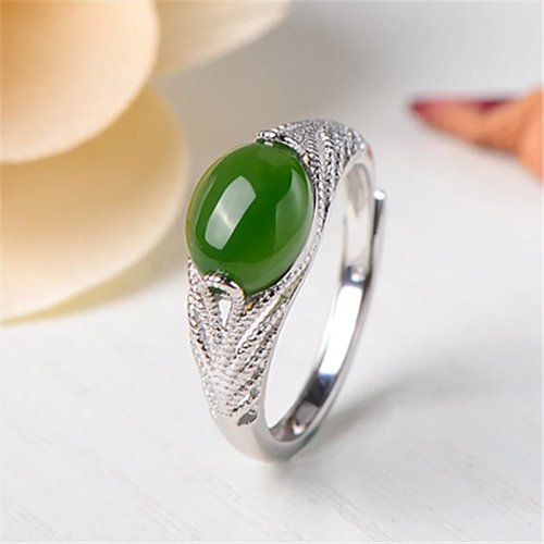 Green Natural Jade Ring – Luxury Carved Gemstone Amulet, Vintage Lucky Charm Designer Jewelry