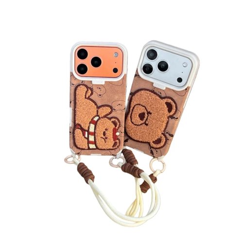 Custodia per telefono con ricamo orsetto di peluche e laccetto per iPhone 17/16/15/14 Pro Max, copertura totale