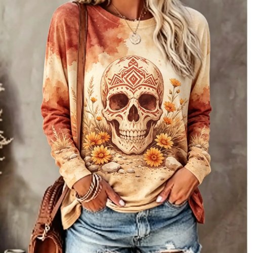 Camiseta de Manga Larga para Mujer Estampado Boho Occidental Calavera de Azúcar Girasol Tie Dye Cuello Redondo Top Casual