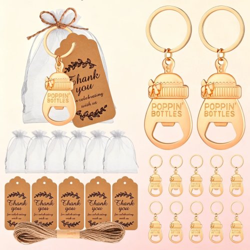 4/8 Pcs Bottle Shaped Bottle Opener Keychain with Ribbon - Baby Shower Gender Reveal Party Favors - Solid Color