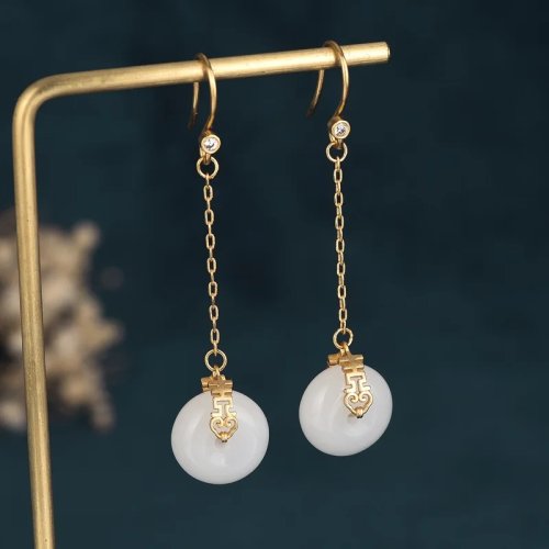 White Natural Jade Donut Earrings for Women – Vintage Carved Gemstone Amulet, Lucky Luxury Charm Gift