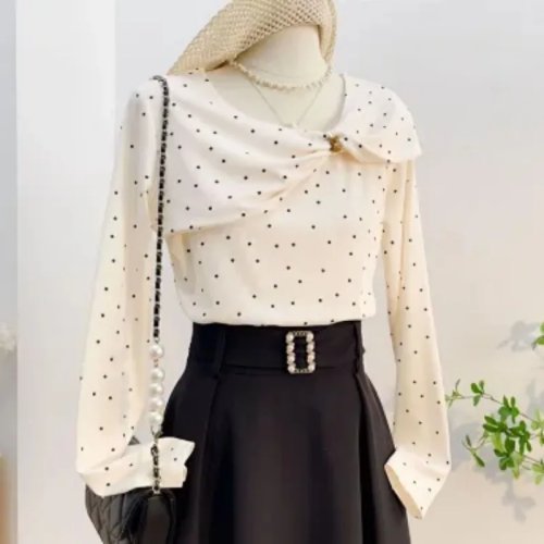 Dames T-shirt lange mouwen met stippen, elegante blouse uniek design S-3XL