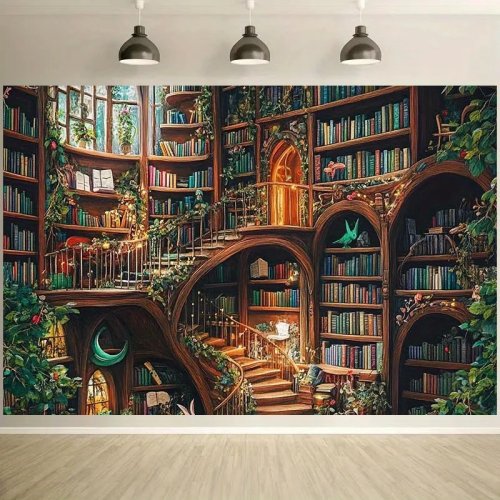 Banner de fundo de biblioteca fantástica - Design gráfico 2D com livros, plantas e escadas em arco