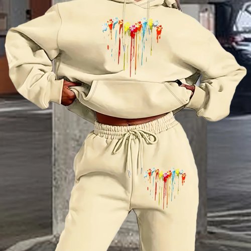 2026 New Women's Graffiti Heart Print Hoodie & Pants Set Long Sleeve Hooded Sweatshirt Casual 2-Piece Matching Outfit