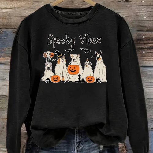 Damen Langarm-T-Shirt, Rundhals, Halloween Hundemotiv, Spooky Vibes, Lässig, Lockere Passform, Maschinenwaschbar