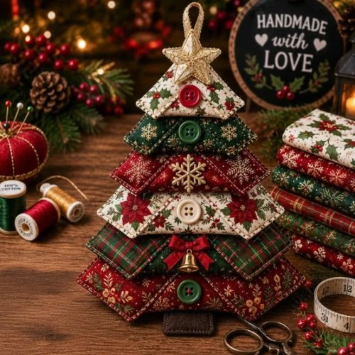 Kit de costura DIY para enfeites de árvore de Natal em tecido sobreposto – conjunto de patchwork para decoração, presente feito à mão