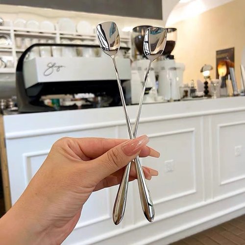 20cm Stainless Steel Long Handle Stirring Spoon - Creative Ice Cream Dessert Scoop, Korean Cocktail Coffee Tea Mixing Spoon, Flatware
