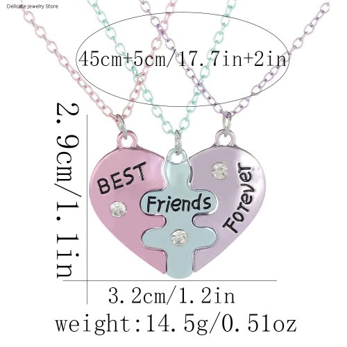 Collar Puzzle Corazón 3/4 Tonos – Ajustable, Joyería de Amistad BFF, Colgante Redondo Divertido, Regalo