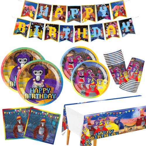 Decorações de Aniversário Gorilla Tag 96 Peças, Artigos para Festa de Videogame, Conjunto de Louça Descartável com Toalha de Mesa, Pratos e Copos de Papel