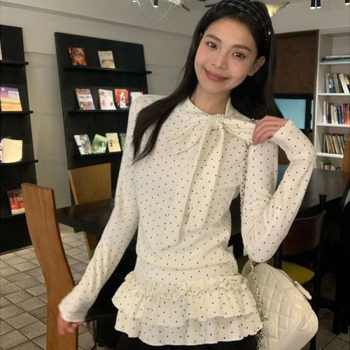 Haut ajusté à manches longues pour femme, motif pois et nœud, chemise de base polyvalente pour l'automne/hiver