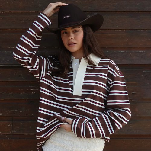 Women's Casual Long Sleeve Striped T-Shirt Lapel Loose Fit Streetwear Top